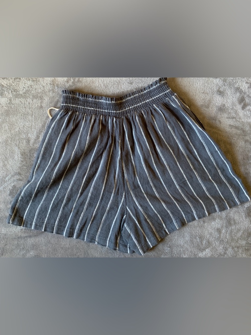 Women’s Linen Blend Dark Grey Striped Elastic Waist Shorts - Picture 2 of 7